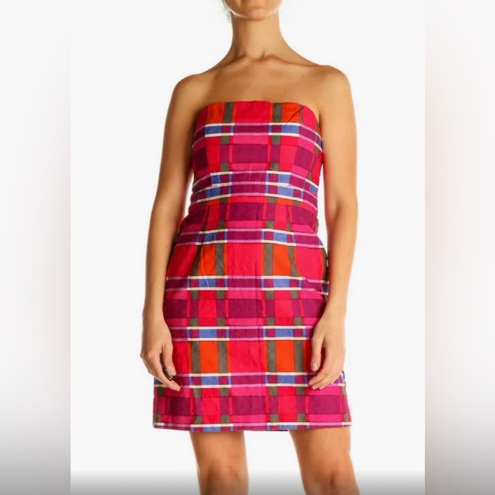 Mint BANANA REPUBLIC Plaid Strapless Dress Colorful Checkered Pink Blue Wedding